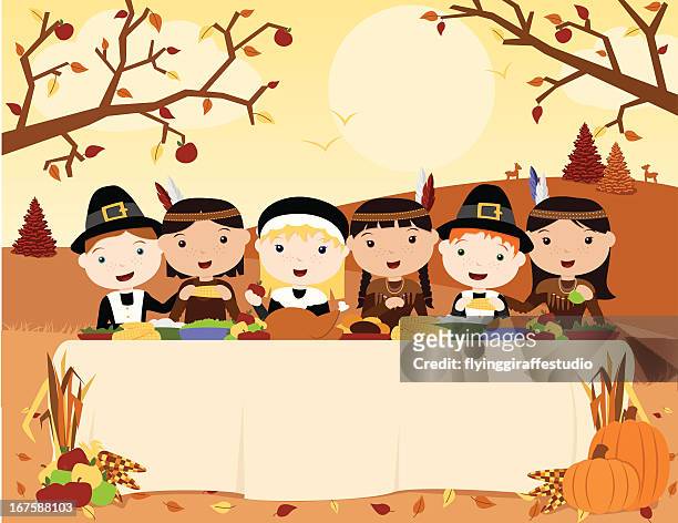 bildbanksillustrationer, clip art samt tecknat material och ikoner med thanksgiving meal scene - tree log