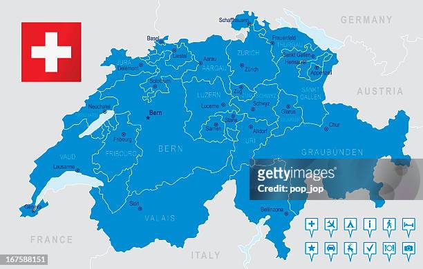 detailed illustration of switzerland's regions and states - zurich map stock illustrations
