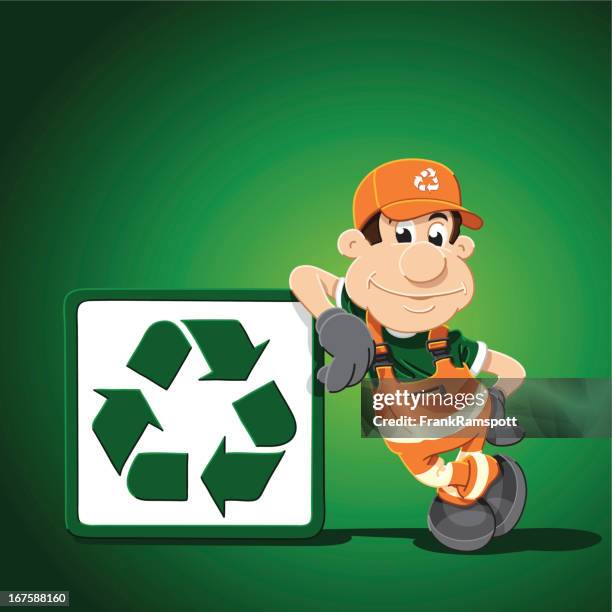 recycling comic mann schiefer schild - müllmann stock-grafiken, -clipart, -cartoons und -symbole