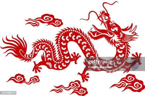 chinese dragon paper-cut art - chinese new year dragon stock illustrations