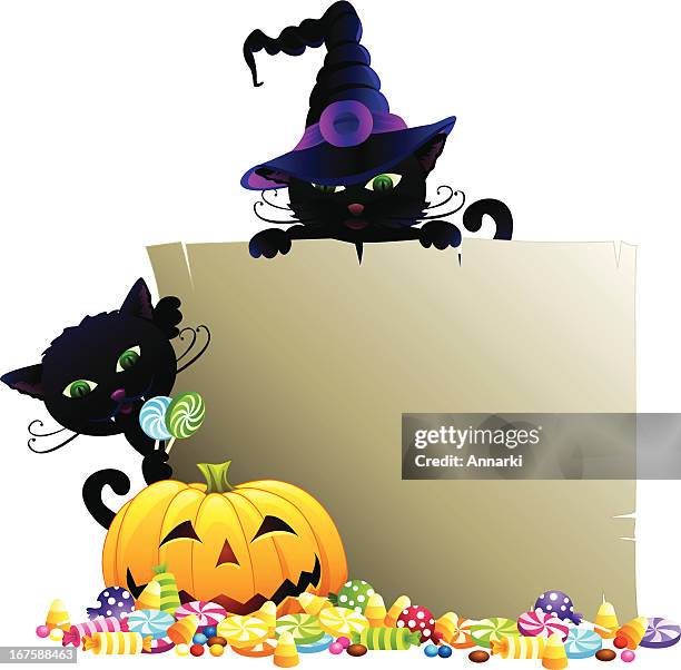 halloween cats with banner - candy corn stock illustrations