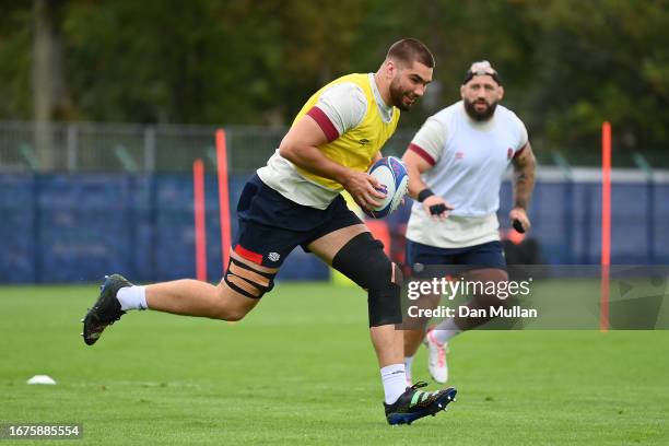 George Martin of England makes a break during a training session at Stade Ferdinand Petit on September 12, 2023 in Le Touquet-Paris-Plage, France.