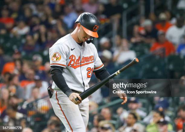 Baltimore Orioles left fielder Austin Hays reacts after striking out in the top of the seventh inning during the MLB game between the Baltimore...