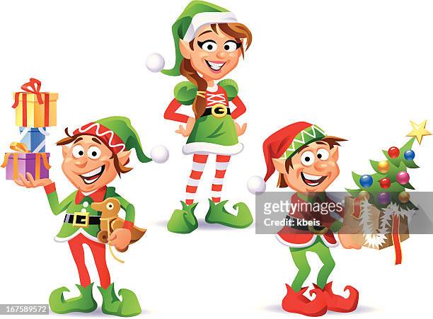 christmas elves - girl laughing stock illustrations