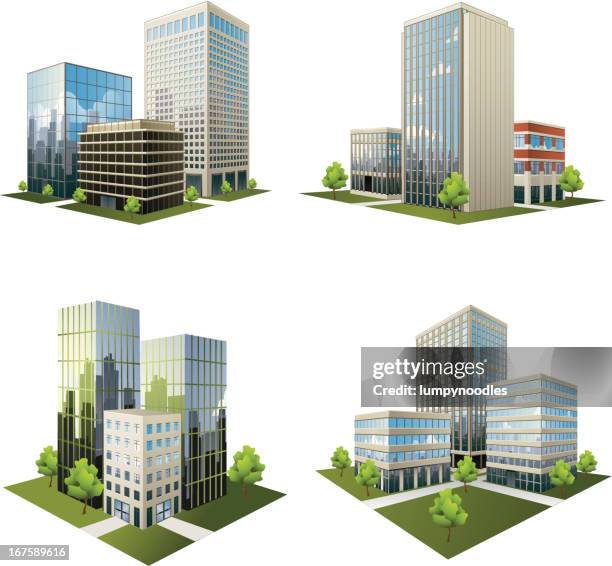 ilustraciones, imágenes clip art, dibujos animados e iconos de stock de office park iconos - bloque de oficinas