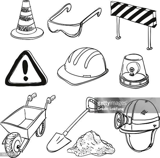 ilustrações de stock, clip art, desenhos animados e ícones de construção de esboço em preto e branco - capacete de obra