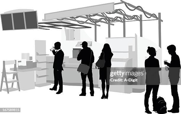 morning meeting vector silhouette - couple having coffee stock illustrations