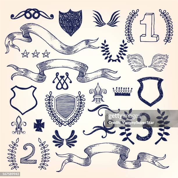 heraldry hand-drawn elements - laurel wreath background stock illustrations