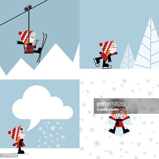 winter sports skiing skating snow mountain kid illustration vector - ice skating christmas stock illustrations