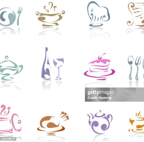 arrangement of cartoon depictions of restaurant icons - cake logo stock illustrations