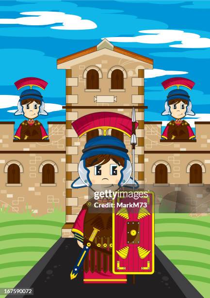 roman soldiers guarding fort - roman soldier cartoon stock illustrations