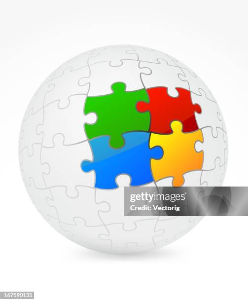 white puzzle-piece sphere with four colored pieces - globe jigsaw stock illustrations