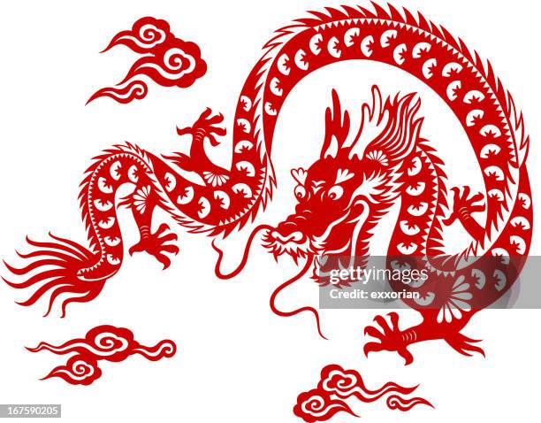 ilustraciones, imágenes clip art, dibujos animados e iconos de stock de dragón chino corte de papel-arte - dragón