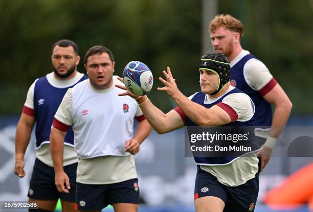 Theo Dan of England receives a pass during a training session at Stade Ferdinand Petit on September 12, 2023 in Le Touquet-Paris-Plage, France.