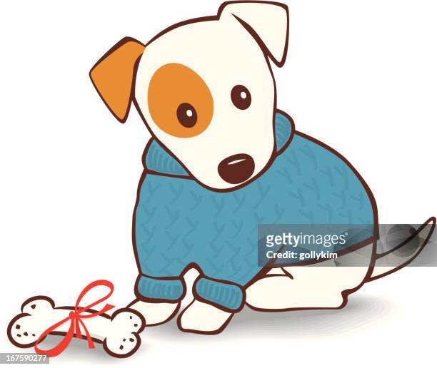 stockillustraties, clipart, cartoons en iconen met dog with christmas present - huisdierenkleding