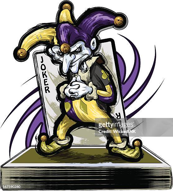 joker standing on a deck of cards - wild card stock illustrations