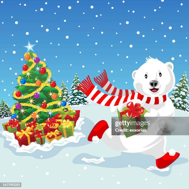 polar bear get christmas present - funny polar bear stock illustrations