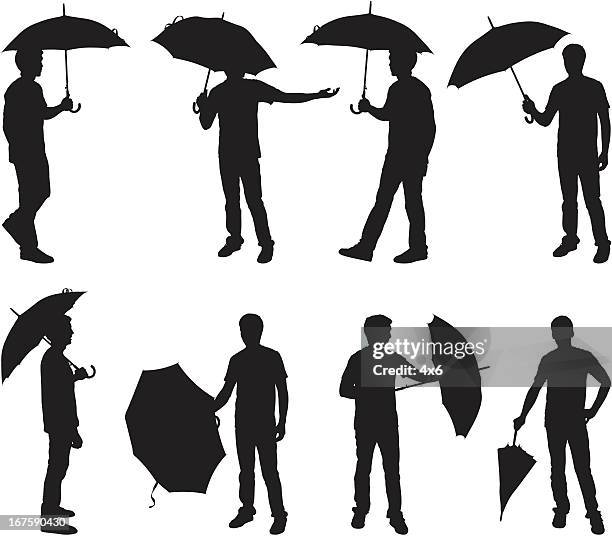 bildbanksillustrationer, clip art samt tecknat material och ikoner med casual man with umbrella silhouette - unga män