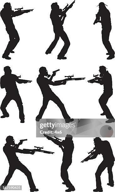 terrorist wearing gas mask with guns - sniper stock illustrations