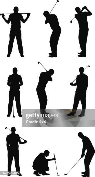 multiple images of a man playing golf - golf swing stock illustrations