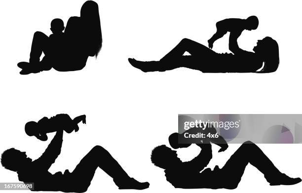 parents playing with their baby - baby lying on back stock illustrations