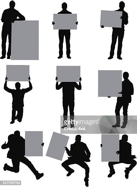 bildbanksillustrationer, clip art samt tecknat material och ikoner med man standing with placards - person holding up sign