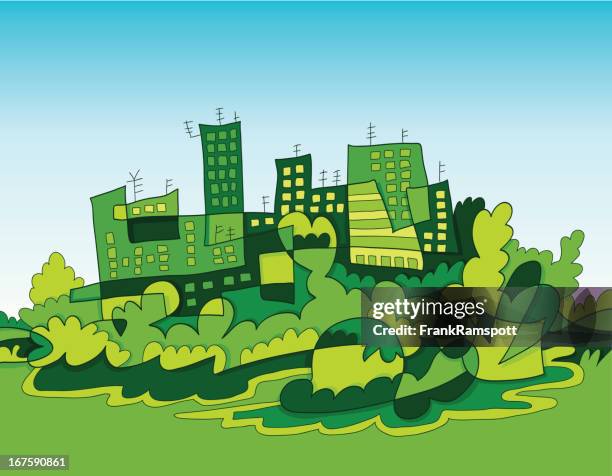 green city skyline doodle - crazy house stock illustrations