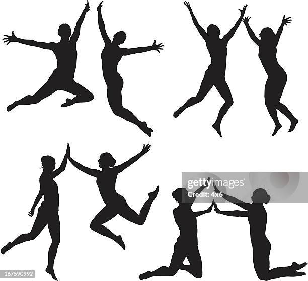 women jumping - woman leaping silhouette stock illustrations