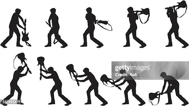 rock and roller smashing guitar - broken electric guitar stock illustrations