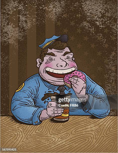 cop eating donut - chocolate shake stock illustrations
