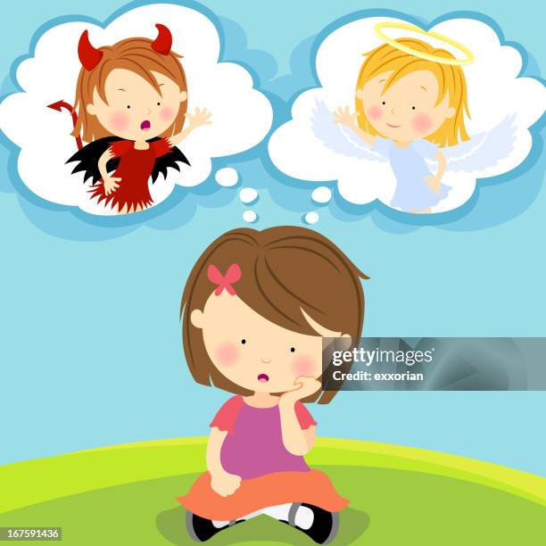 angel and devil - child thinking stock illustrations