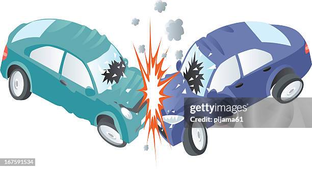 harsh car crash between a green and a blue car - car crash stock illustrations