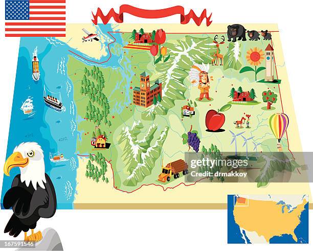 cartoon map of washington state - washington state map stock illustrations