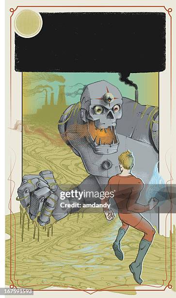 giant robot sci fi book cover - comic book cover stock illustrations