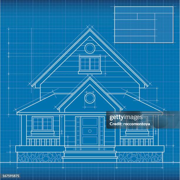 close up of digitally engineered house blueprint - 藍圖 幅插畫檔、美工圖案、卡通及圖標