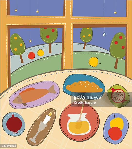 rosh hashana symbols as cutouts on checked cloth - challah stock illustrations