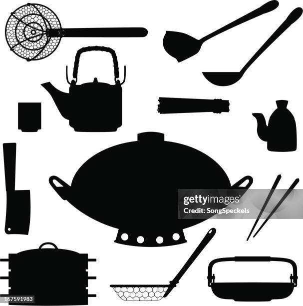 stockillustraties, clipart, cartoons en iconen met asian cookware silhouettes - wok