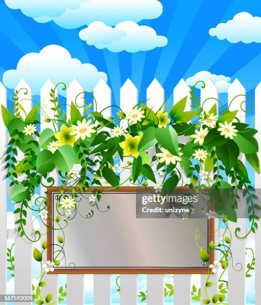 display board on the fence with greenery - flip chart stock illustrations