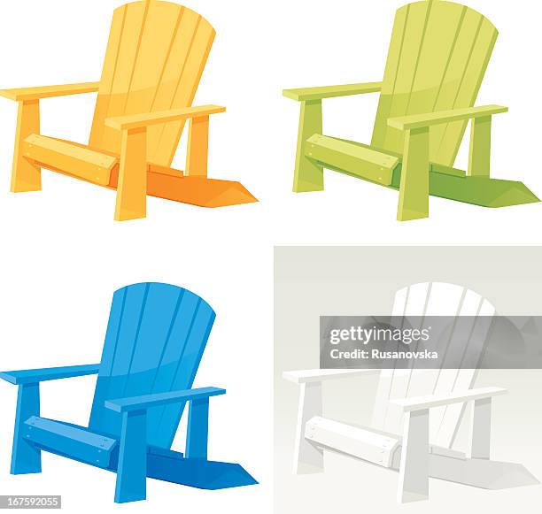 four colorful muskoka adirondack armchairs on white back - lake stock illustrations