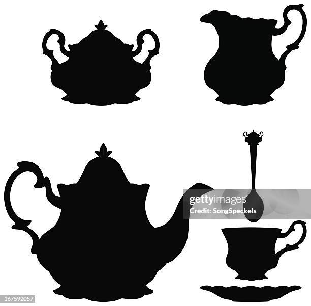 stockillustraties, clipart, cartoons en iconen met vector illustration of tea kettle silhouettes - theepot