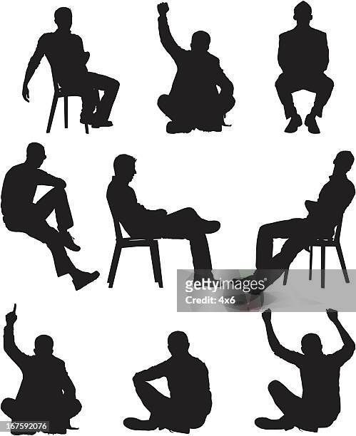 illustrazioni stock, clip art, cartoni animati e icone di tendenza di silhouette di uomo in diverse pose - stare seduto