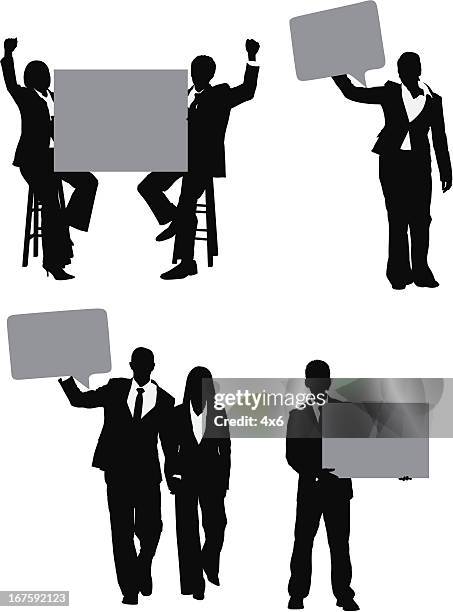 business executives with placards - sitting on stool studio stock illustrations