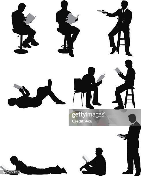 multiple images of a man reading book - lying on front stock illustrations