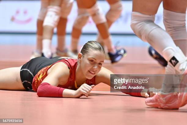 Celine Van Gestel of Belgium on the ground after trying to catch the ball during the match between Belgium and Argentina on the third day of the Pool...