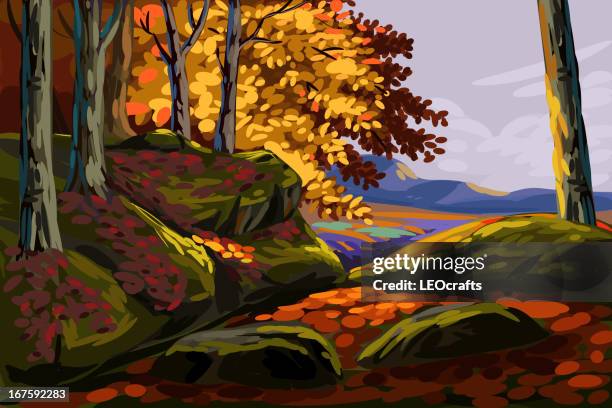schöne herbst wald - aquarelleffekt stock-grafiken, -clipart, -cartoons und -symbole