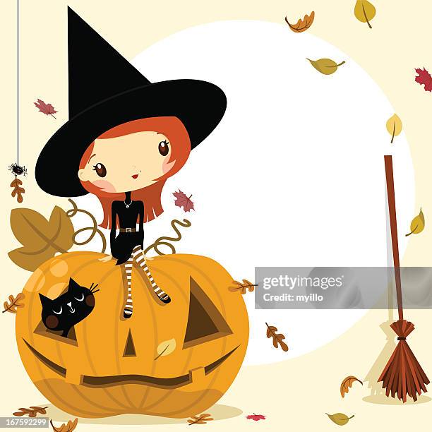 cute witch in halloween fall invitation - child fall leaf stock illustrations