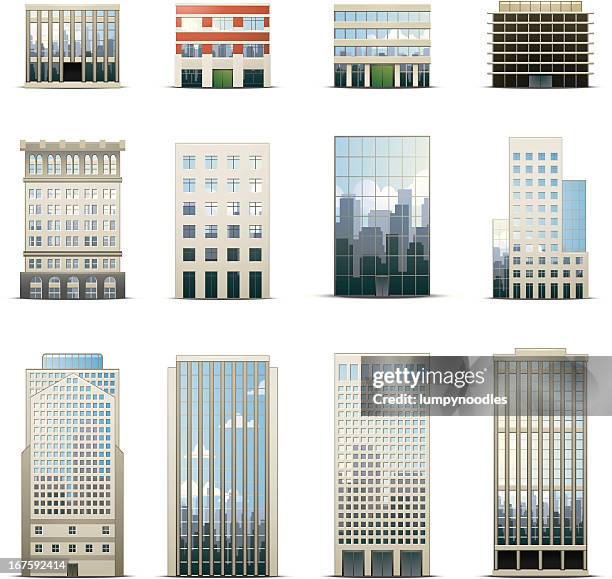 ilustraciones, imágenes clip art, dibujos animados e iconos de stock de iconos de edificio de oficinas - bloque de oficinas