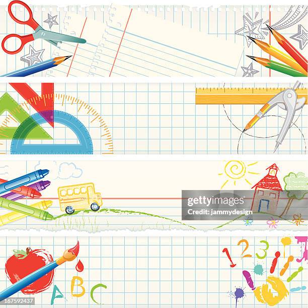 stockillustraties, clipart, cartoons en iconen met banners – school tools - gradenboog