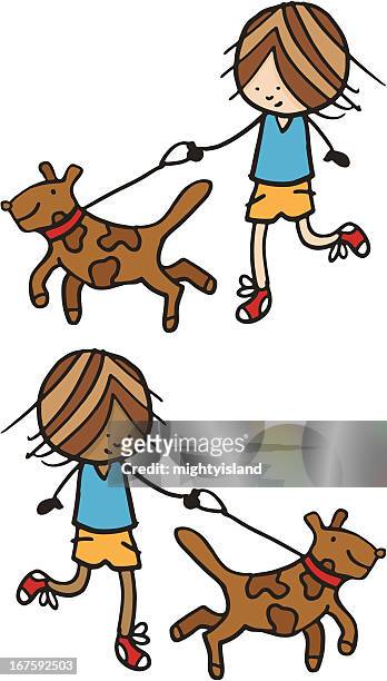 boy walking a dog - dog walker stock illustrations