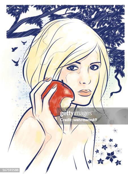 eva and the apple - hand over mouth stock illustrations